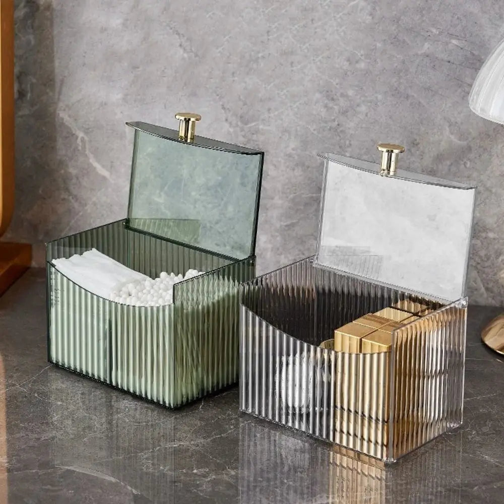 boîtes rangement transparentes vertes rayées moderne coton tiges flacons soins élastique doré Brosse cheveuxANTI