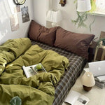 parure lit carreaux vert olive housse couette drap taies d'oreiller coton moderne