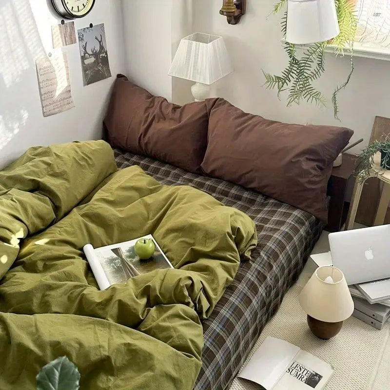 parure lit carreaux vert olive housse couette drap taies d'oreiller coton moderne