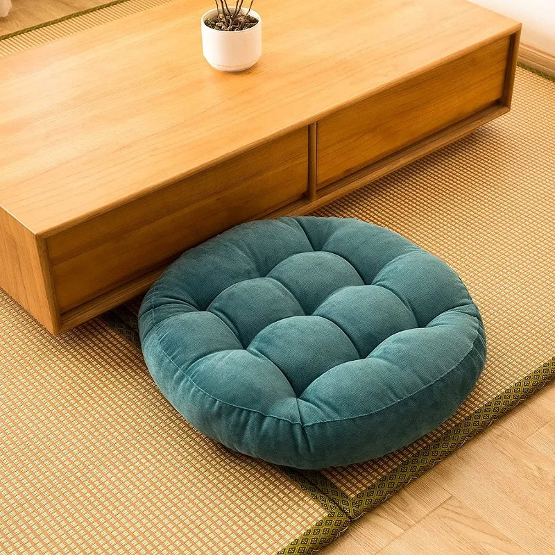 Coussin de sol rond épais en velours côtelé jaune pour salon