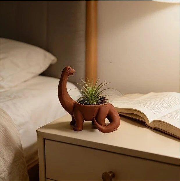 pot plantes forme dinosaure brachiosaure brun terracotta surface lisse aspect mat décoratif ludique menthe