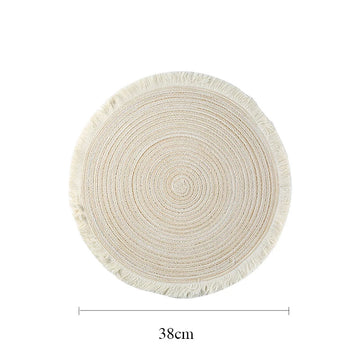 tapis table rond franges tissées beige blanc moderne respectueux environnement