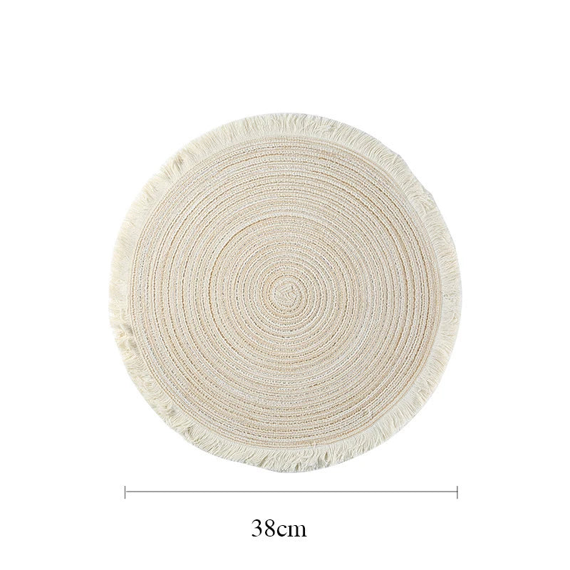 tapis table rond franges tissées beige blanc moderne respectueux environnement