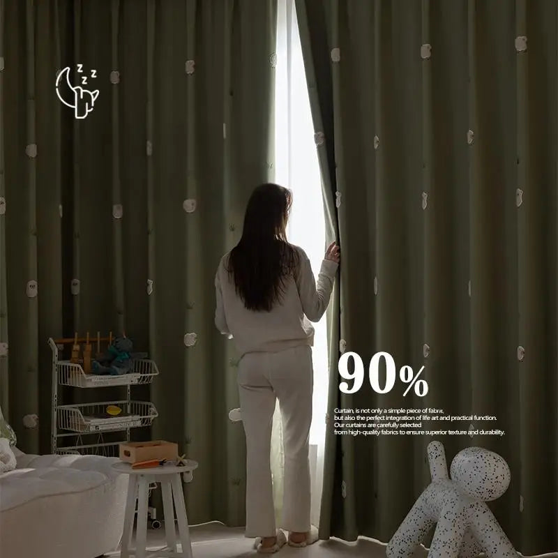 rideau vert clair brodé mouton herbe cartoon enfant chambre opaqueextérieur simple