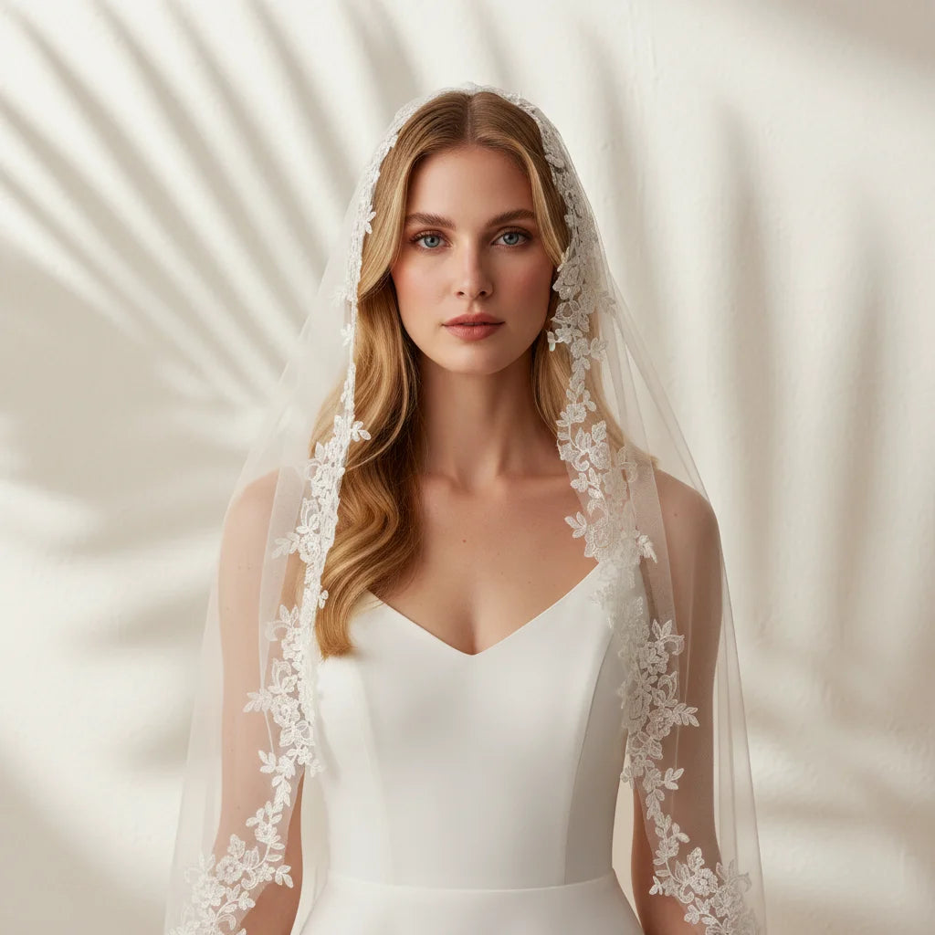 voile mariée blanc broderie florale classique bordure dentelle transparent femme