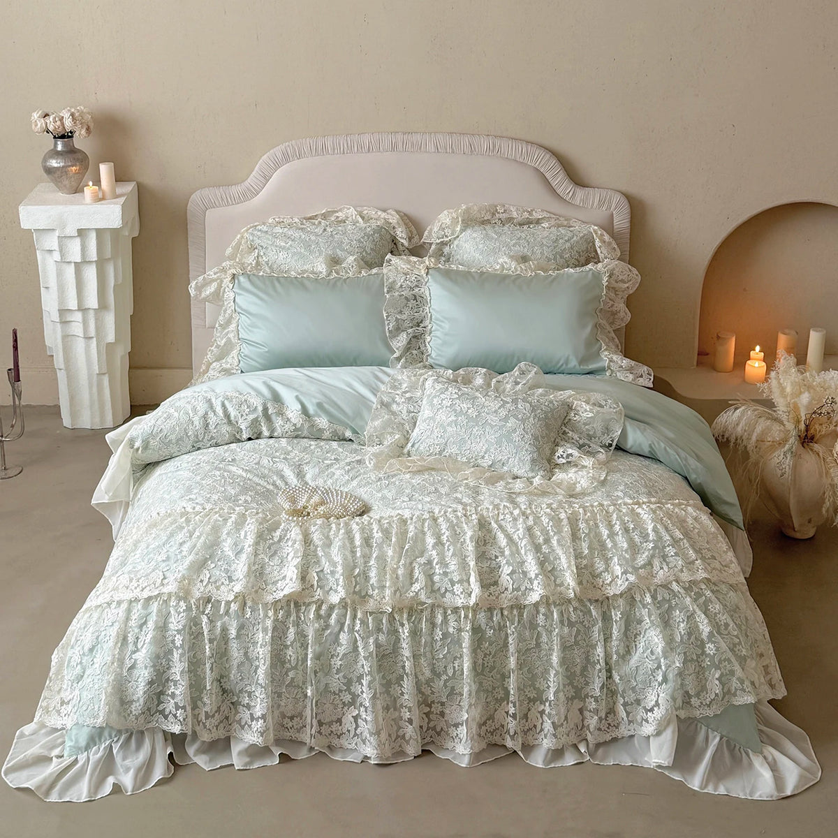 ensemble literie coton dentelle florale taies d'oreiller couverture romantique vintage shabby chic blanc cassé