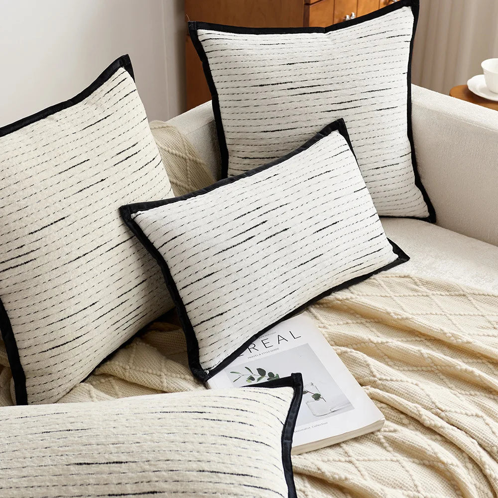 coussins carrés blanc noir rayures moderne housses jacquard polyeste décoration intérieure nordique fixations