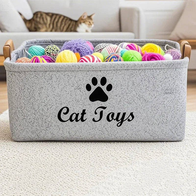 panier rangement jouets chat gris patte chat cat toys poignées bois moderne ecologique decointérieur