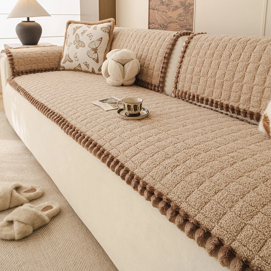 coussin canapé beige moelleux franges marron moderne confortable lavable machine automne hiver