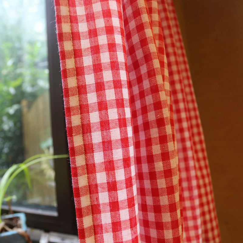 rideau vichy rouge blanc rustique semi transparent tringle fenetre pastorale coton polyester
