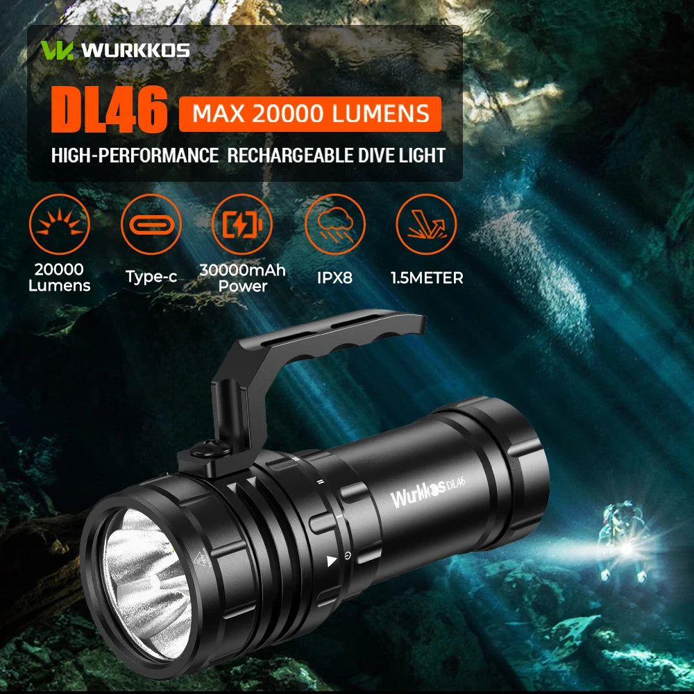 torche rechargeable plongée 20000lm 20w 600m portée alliage aluminium led professionnel robuste