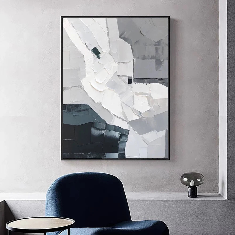 tableau abstrait moderne peinture l'huile gris blanc noir texture rugueuse sans cadre décoration murale