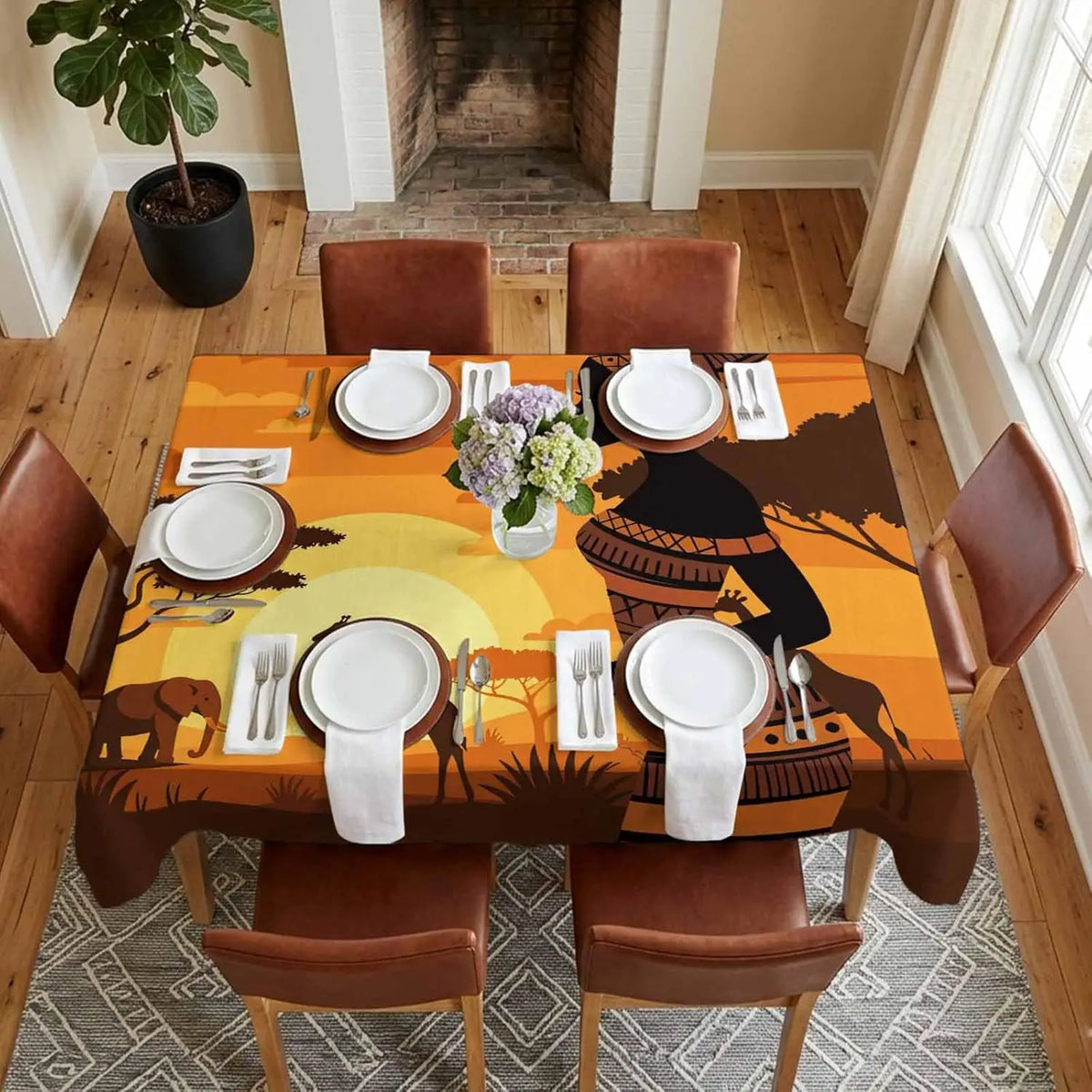 nappe table moderne africaine animaux éléphants paysage coucher soleil orange marron beige festiveextérieur