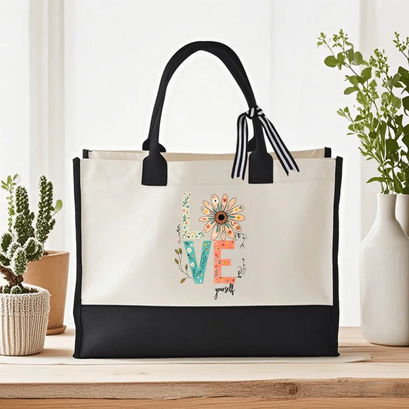 sac main toile beige noir imprimé floral love yourself poignées respectueux environnement utilisation quotidienne