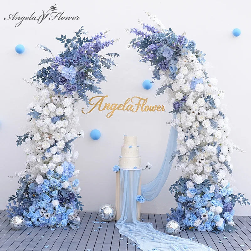 Arche décorative mariage fleurs artificielles bleu blanc vert feuillage classique festifextérieur