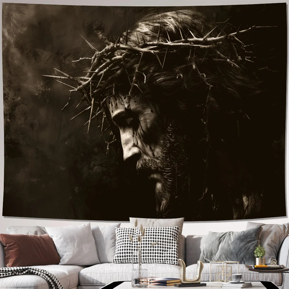 tapisserie art religieux tête couronne épines noir blanche salon chambre entrée