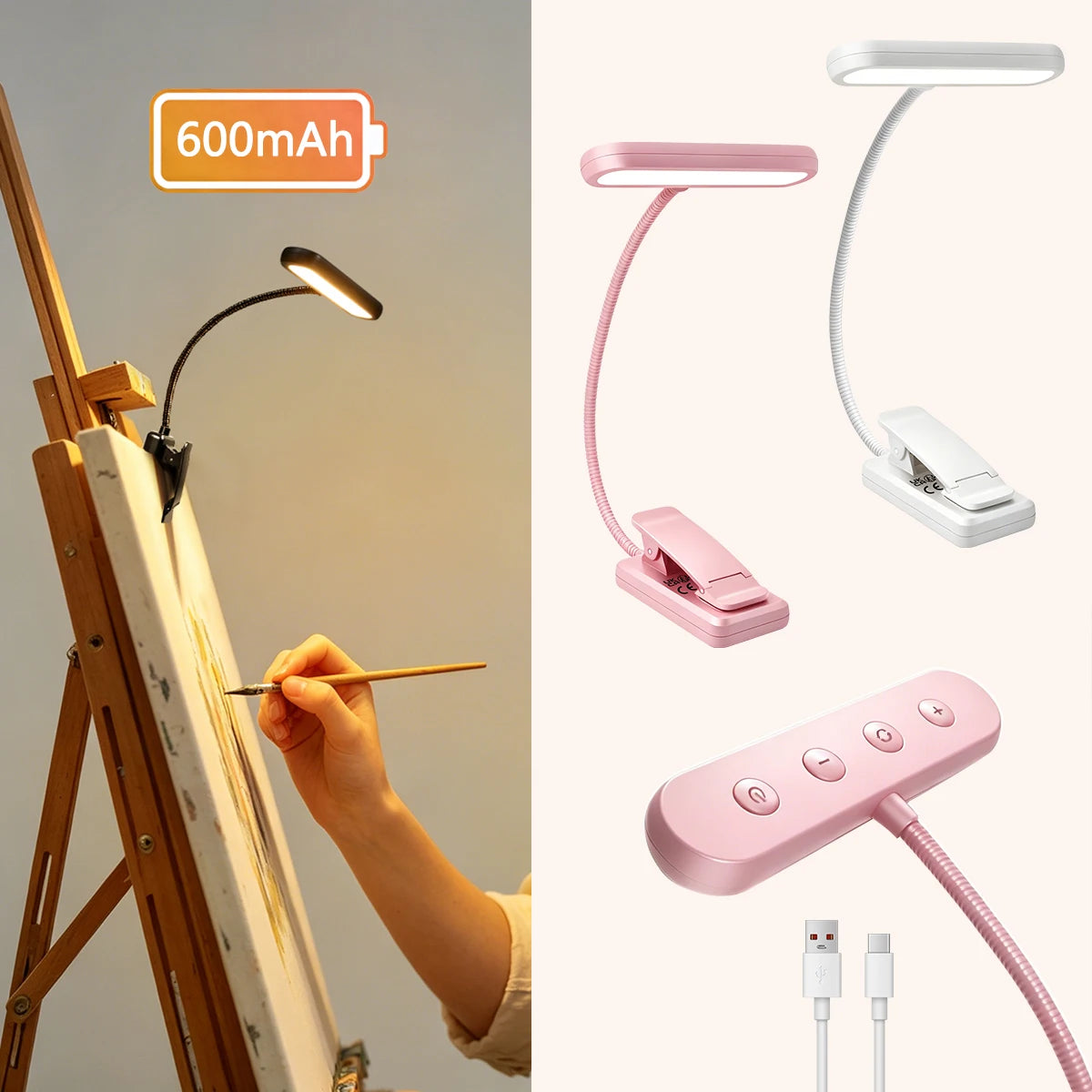 lampe lecture rechargeable couleurs ambre 10 niveaux luminosité pince moderne portable led
