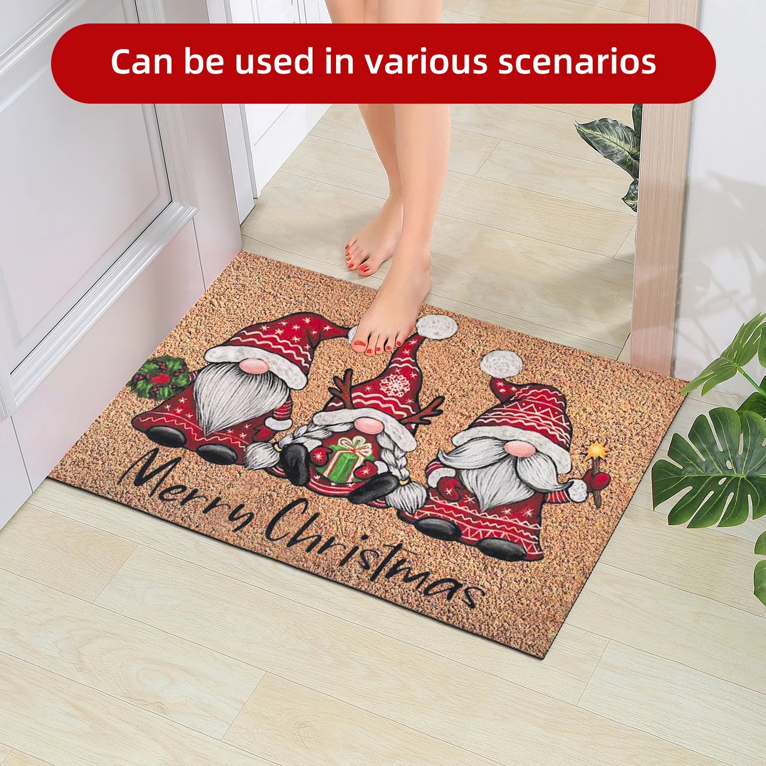 Tapis de porte Gnome de Noël en bourgogne pour extérieur
