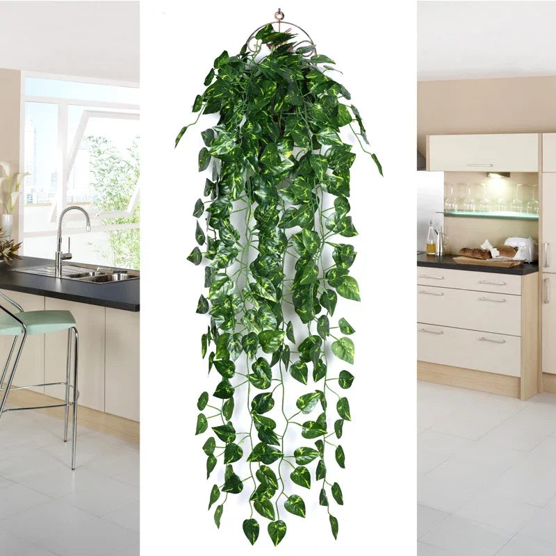 plantes artificielles suspendues feuilles ovales vigne moderne anneaux métalliques extérieur intérieur decoration