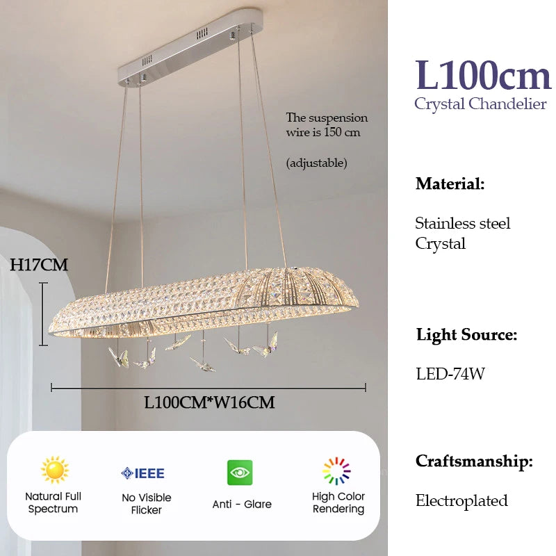 suspension lumineuse moderne cristal facettes papillons argentés interrupteur tactile 80cm diamètre