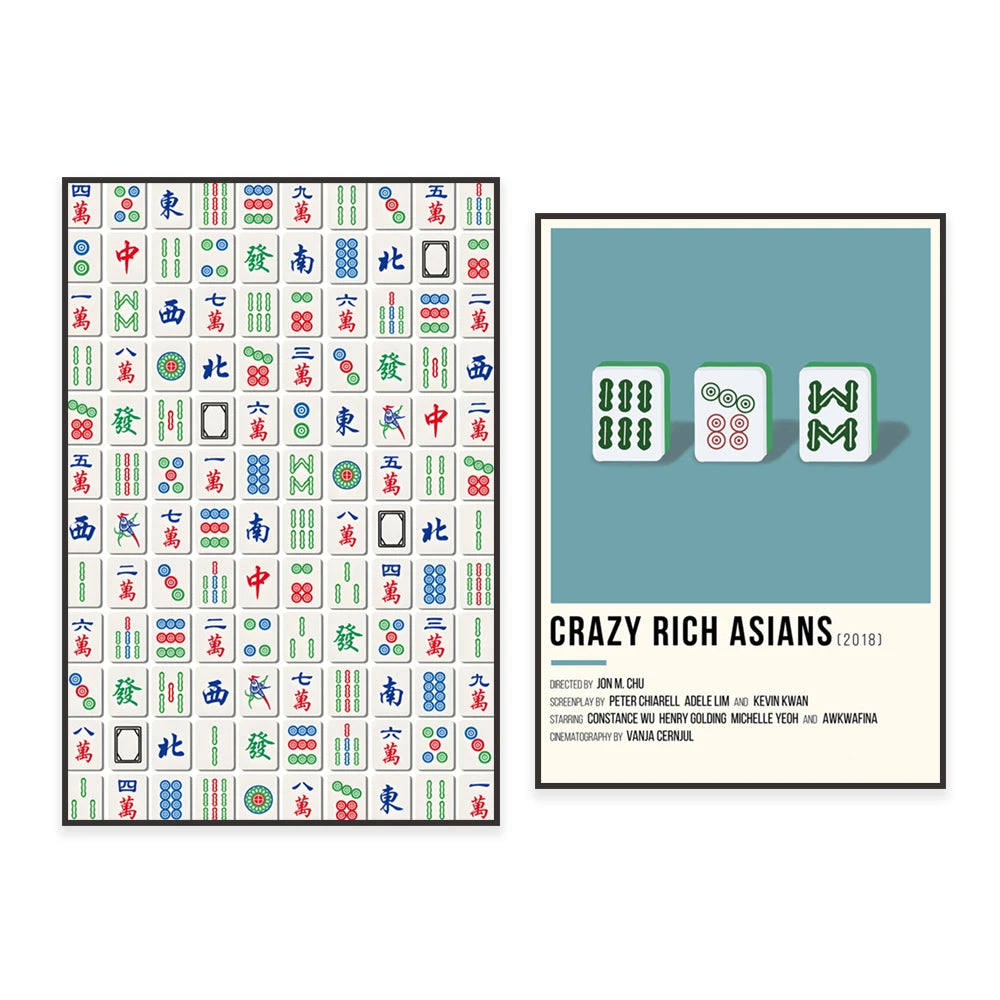 L'affiche du film "Crazy Rich Asians" (2018) présente un plan de jeu de mahjong rempli de symboles colorés sur fond blanc, avec le titre du film en anglais dans un cadre séparé.