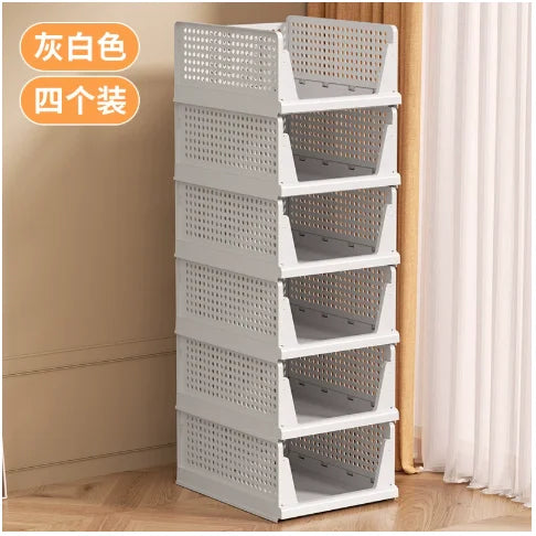 paniers rangement blancs perforés empilables respectueux environnement moderne fournis clips armoire vêtements pliés