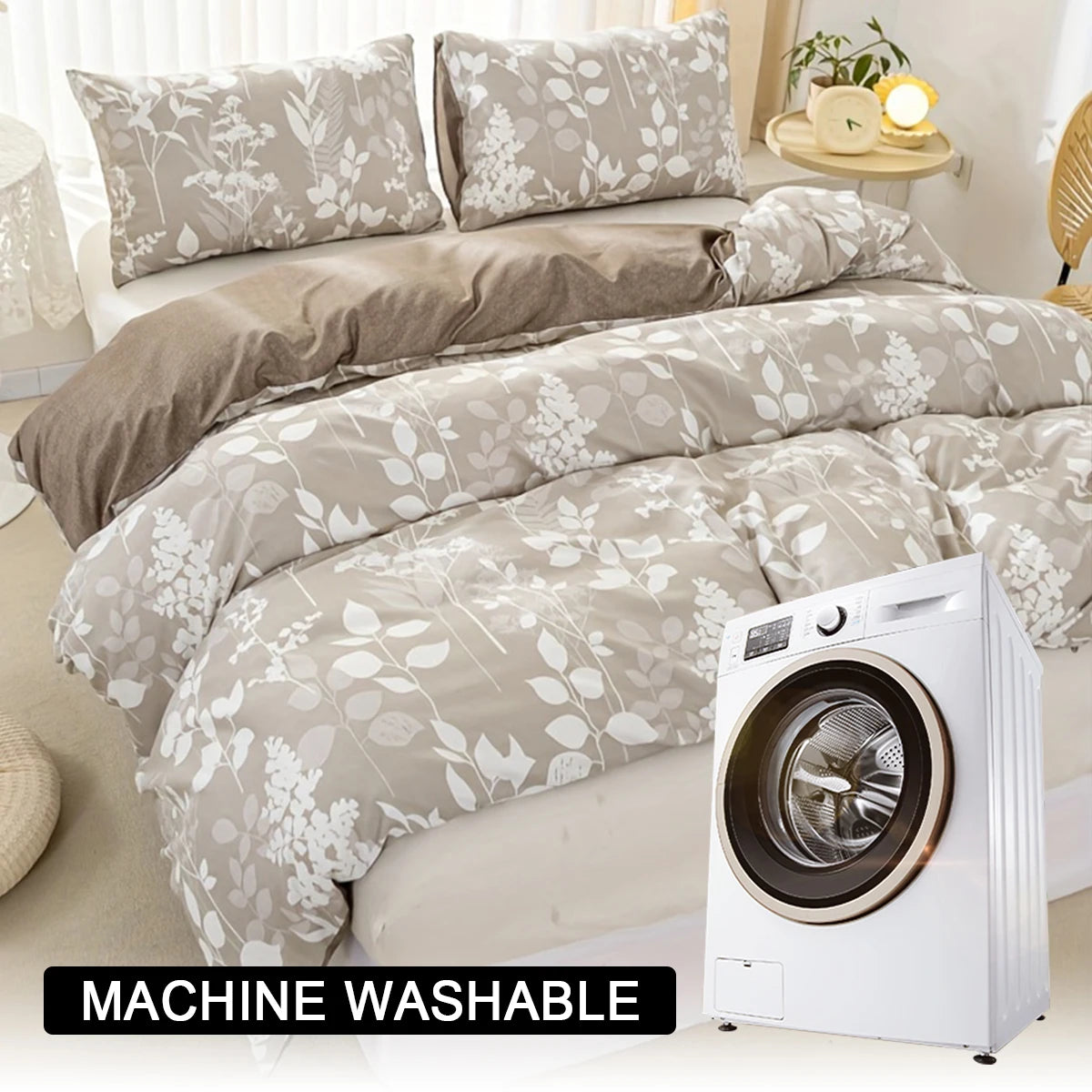 ensemble literie moderne housse couette fleurs feuilles motif floral beige clair blanc doux polyester