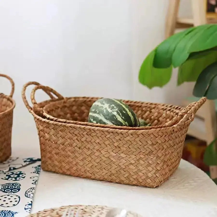 panier tressé bambou réutilisable rangement bohème beige clair marron doré naturel rustique multiple