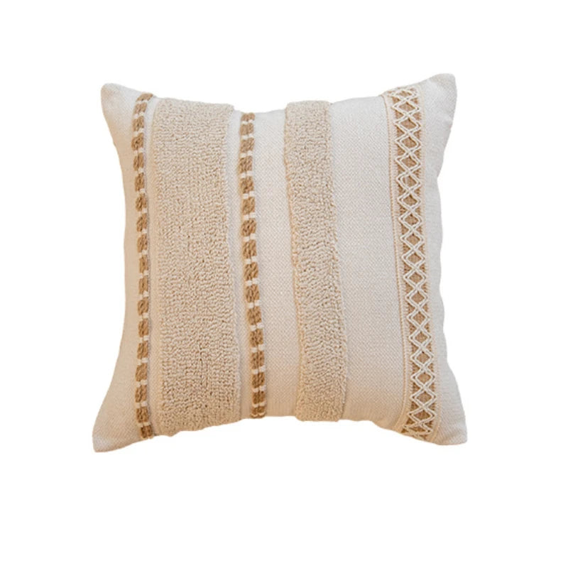 coussin peluche patchwork motif géométrique boho chic franges non toxique 45x45cm