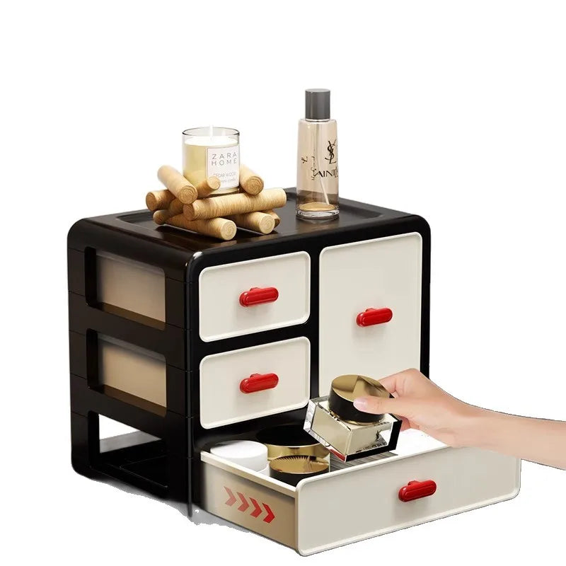 boîte maquillage moderne boîtes rangement noires blanches rouges poignées motifs géométriques