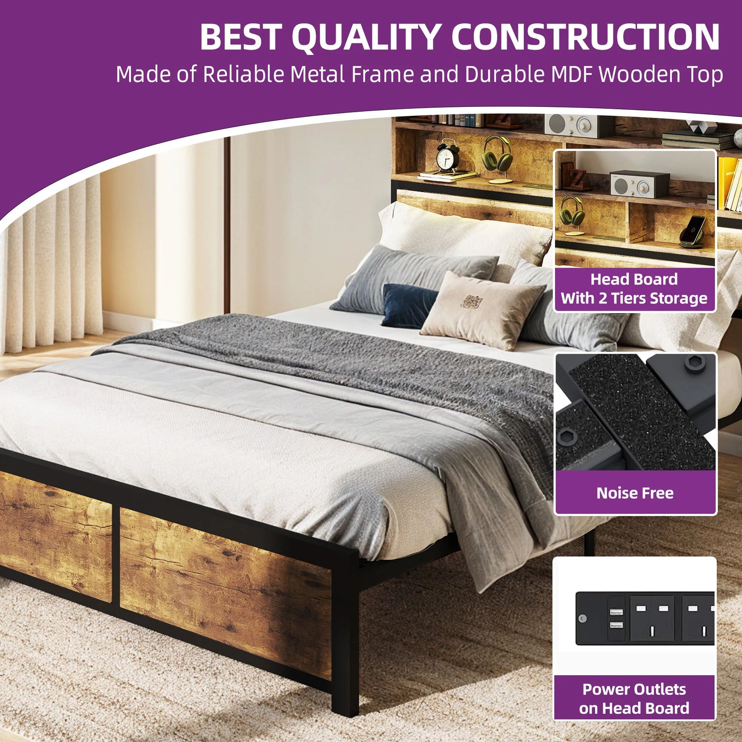 Vue de côté montrant la structure en bois et métal du cadre de lit