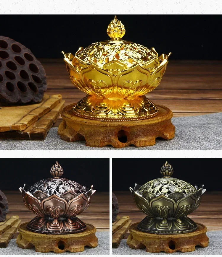 bougeoir encens or bronze floral artisanal traditionnel lotus animaux cônes