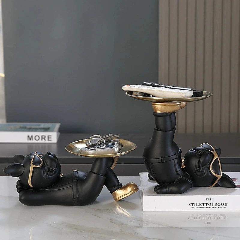 décoration moderne sculpture chien lunettes plateau ornement résine noir beige crème humoristique