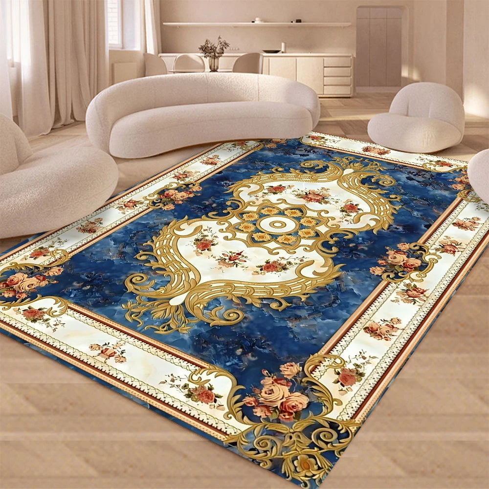 tapis floral baroque orné bleu blanc doré rose violet classique moderne chambre salon extérieur