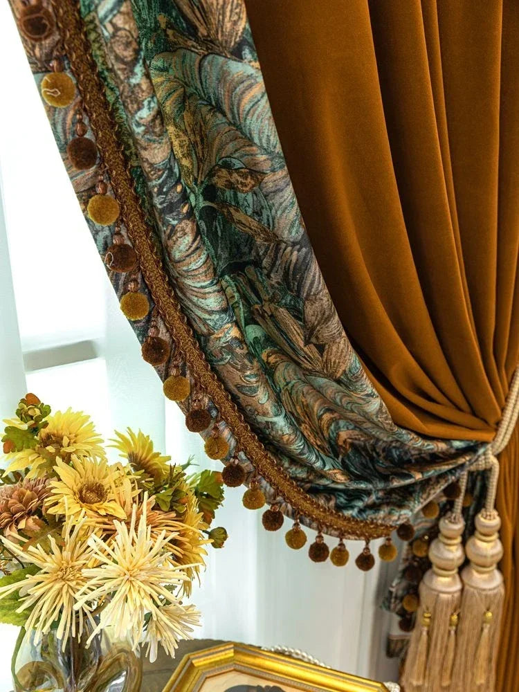 rideau velours épais motif floral marron vert beige classique élégant pompons dorés