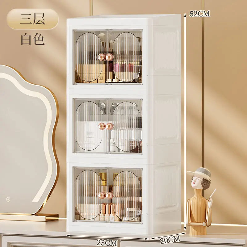 boîte rangement cosmétiques porte opaque moderne poignées dorées compartiments multiples élégante organisation produits soins