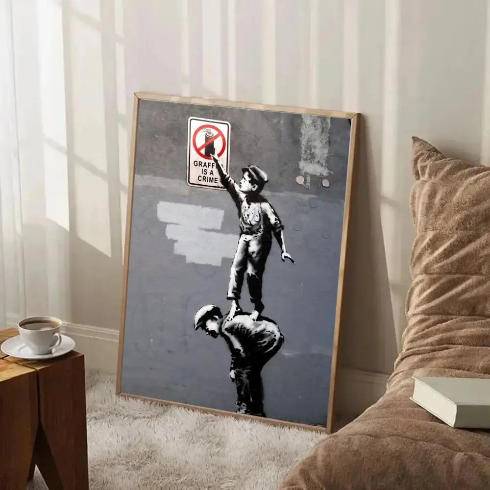 affiche art contemporaine street banksy graphique abstraite noire blanche verte murale salon decoration