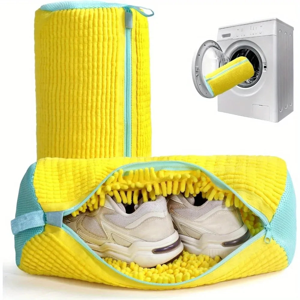 sac lavage chaussures réutilisable coton texture côtelée jaune bleu transparent fermeture éclair anse pratique