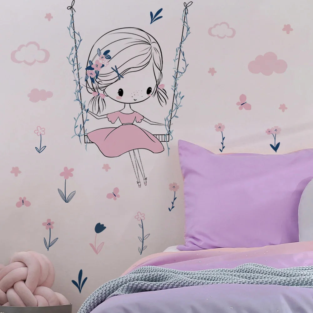 sticker mural fille balançoire fleurs nuages autoadhésif pvc eau illustration colorée chambre enfant