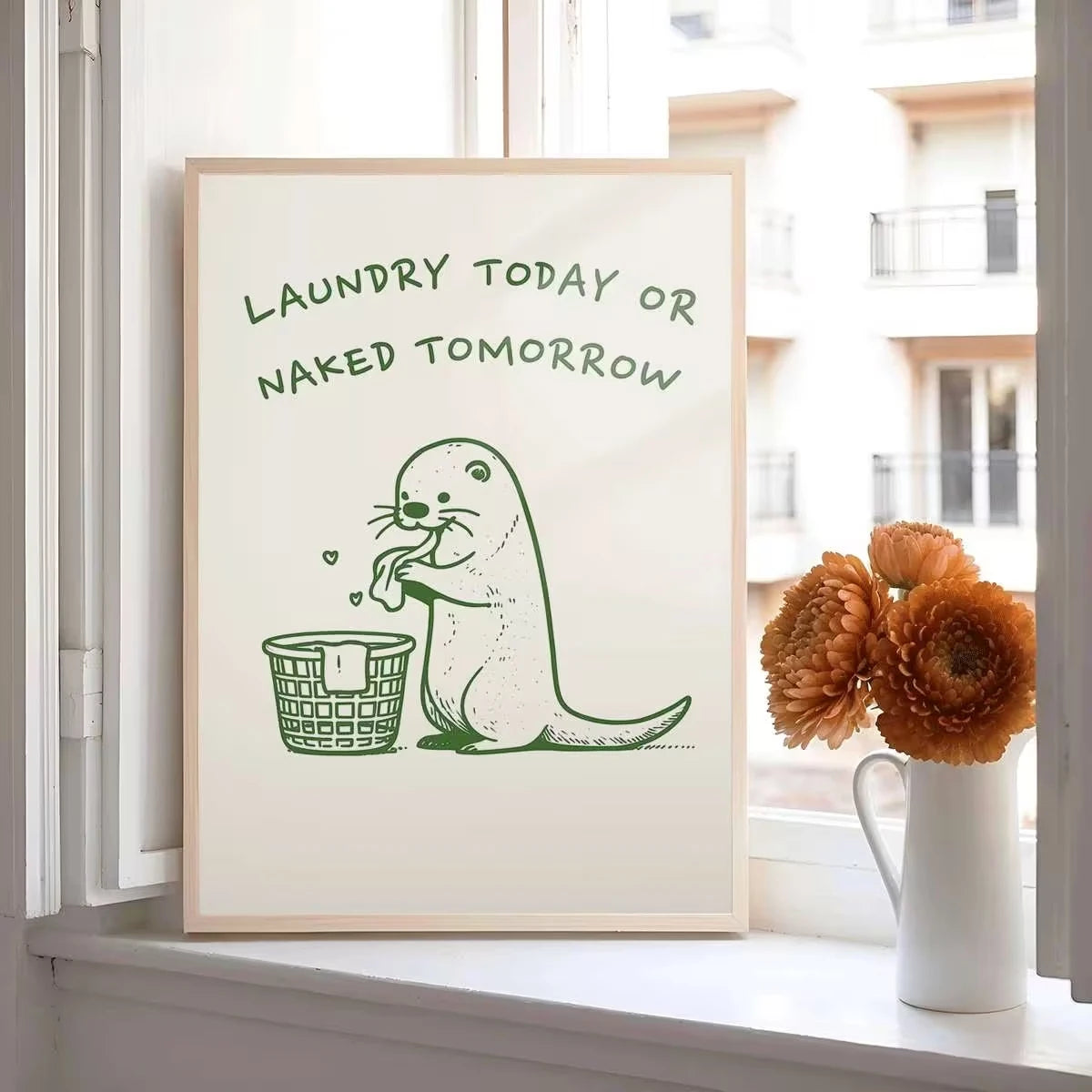 affiche murale otter humoristique blanche verte décoration chambre salon enfant illustration simple cadre métal
