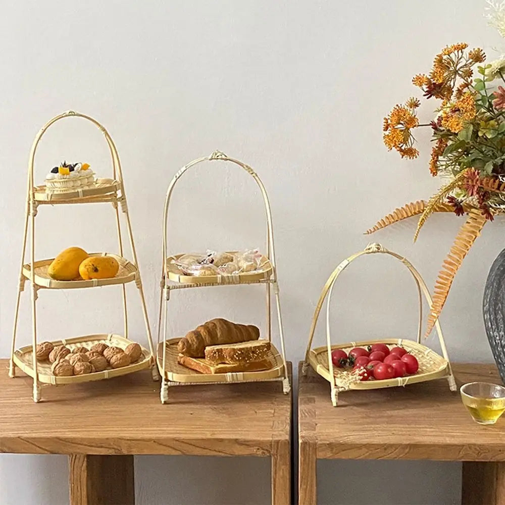 étagère trois niveaux tissage bambou rustique naturel pieds solides plateaux bois haute qualité rusticité