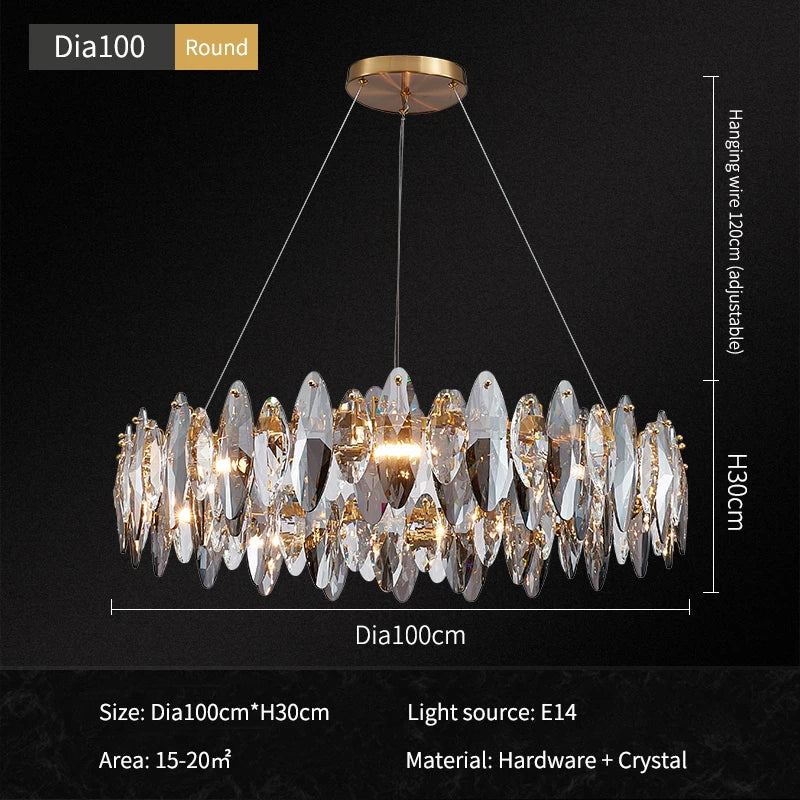 Suspension lumineuse moderne cristal transparent doré facettes géométriques ampoules LED 10 15m²