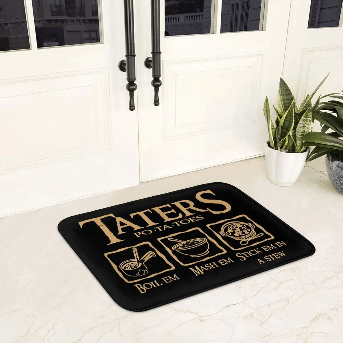 Détail du motif cartoon pommes de terre sur tapis