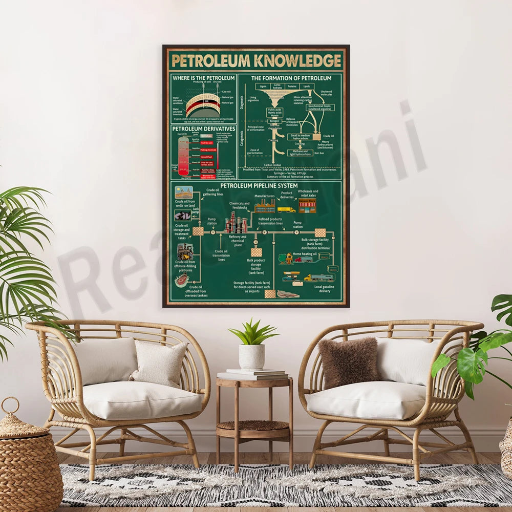 Un affiche détaillée sur la connaissance du pétrole, affichée dans un intérieur chaleureux et naturel avec des meubles en rotin.