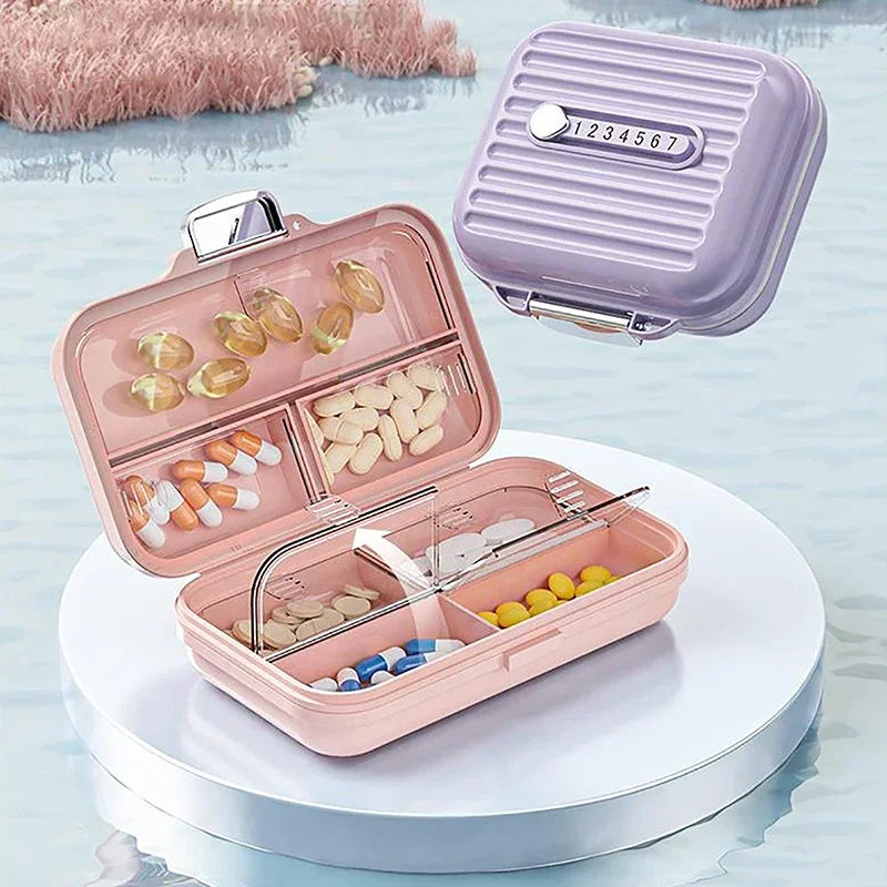 boîte pilules moderne rose clair violet blanc rayures verticales clics pilules différentes couleurs tailles