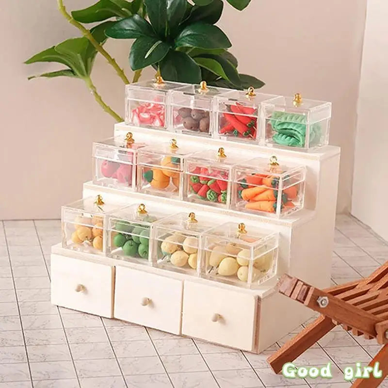 meuble decoratif miniature blanc crème tiroirs transparents objets fantaisie sci fi
