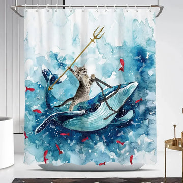 rideau douche polyester motif marin animaux mer vagues bleu décoration salle bain enfant