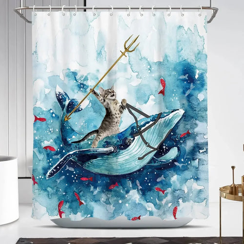 rideau douche polyester motif marin animaux mer vagues bleu décoration salle bain enfant