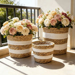 panier bohème cylindrique texture fibreuse strié beige blanc intérieur transparent plantes fleurs