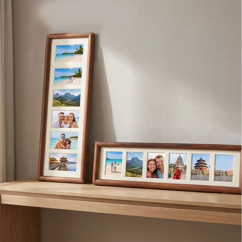Cadre photo multiple bois lisse marron foncé classique photos décoration murale traditionnelleintérieur blanc